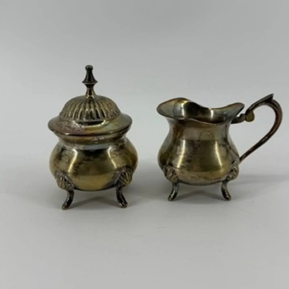 Vintage EPNS Silver Plated Footed Creamer and Lidded Sugar Bowl Set Tarnished